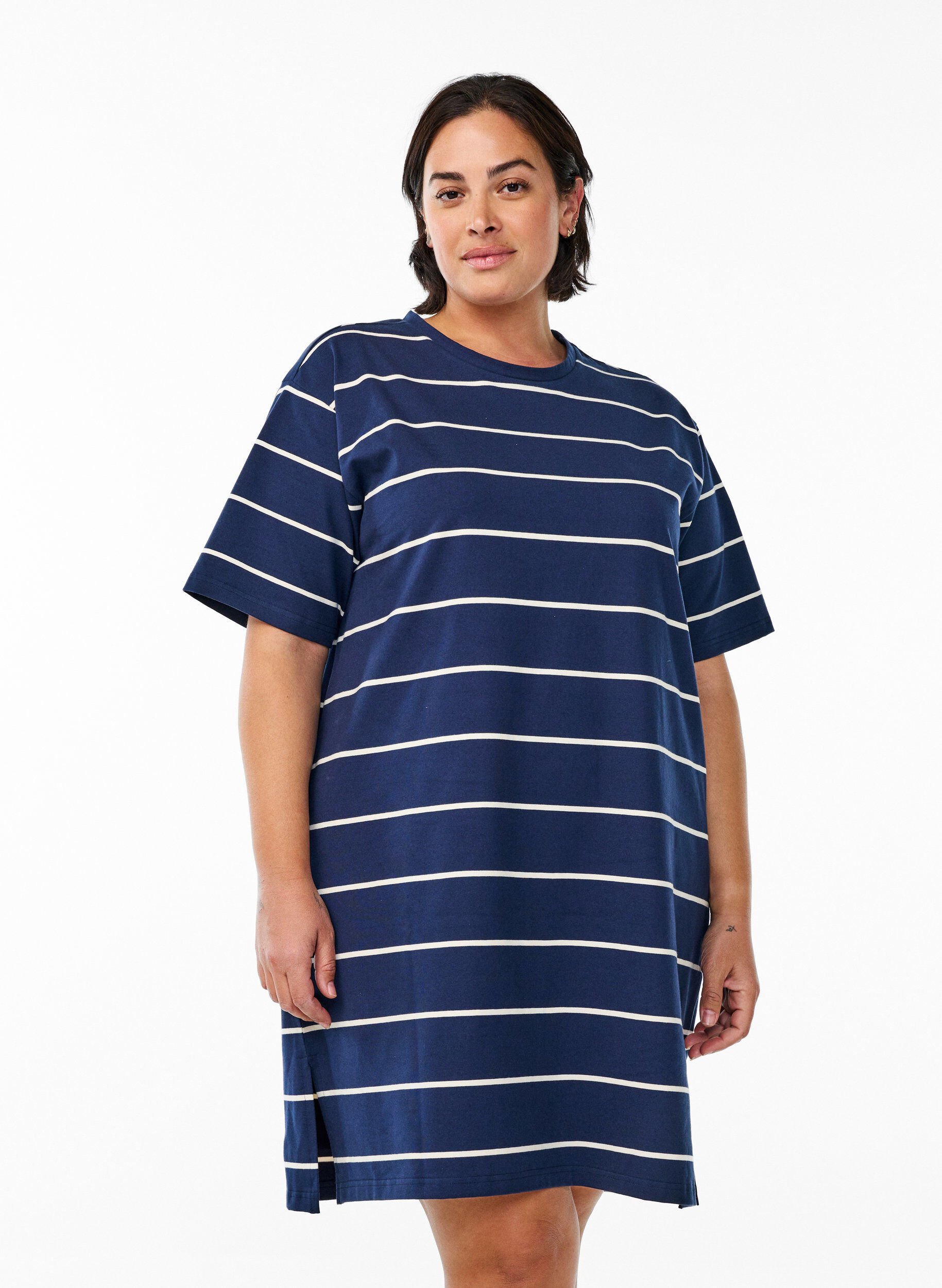 Korte jerseyjurk met strepen, Blauw, Model