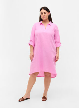 Gestreepte jurk gemaakt van katoen en linnen, Begonia Pink, Model image number 2