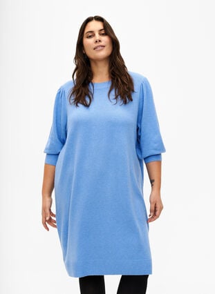 Gebreide jurk met 3/4 pofmouwen, Blue B. /White Mel., Model image number 0