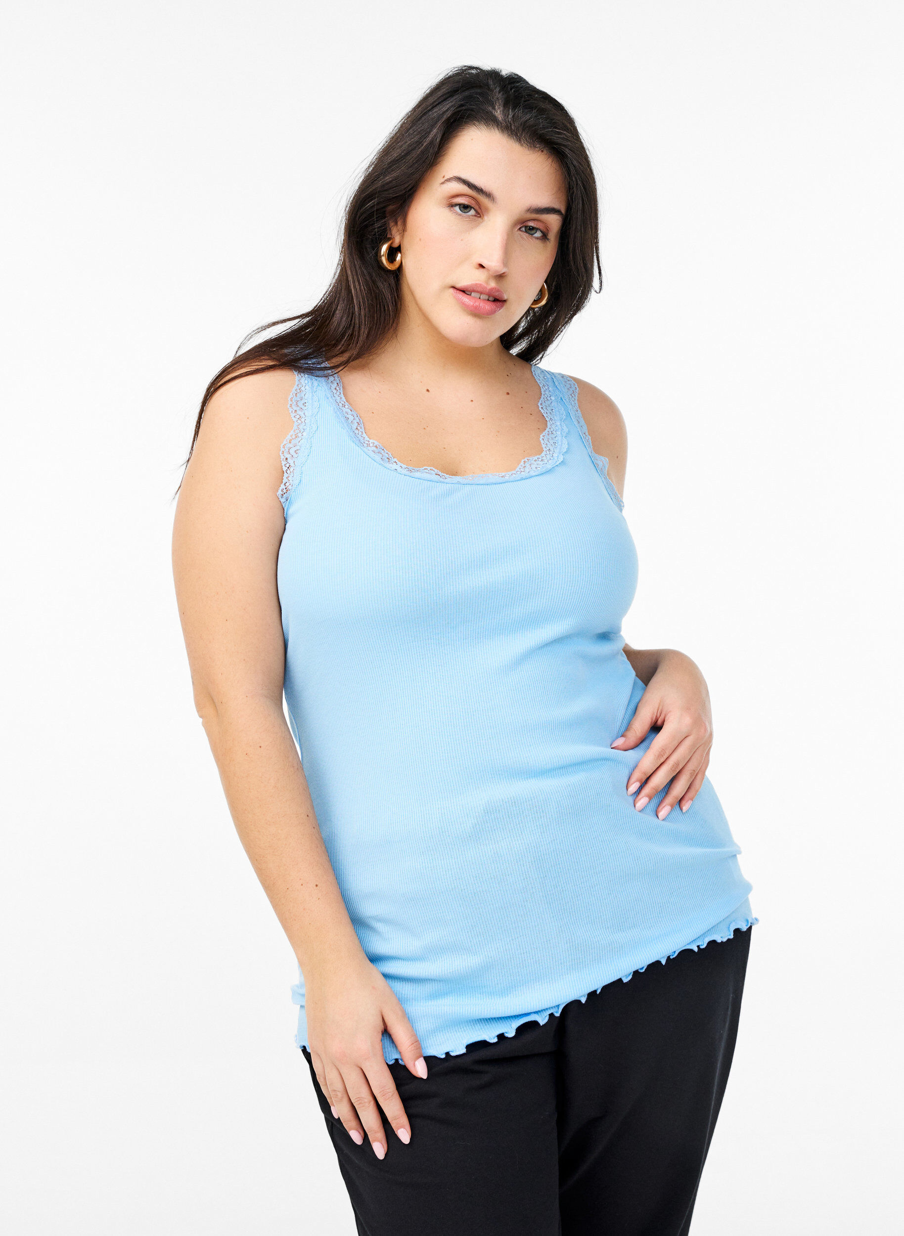 ZizziTop met kanten rand, Blauw, Model image number 0