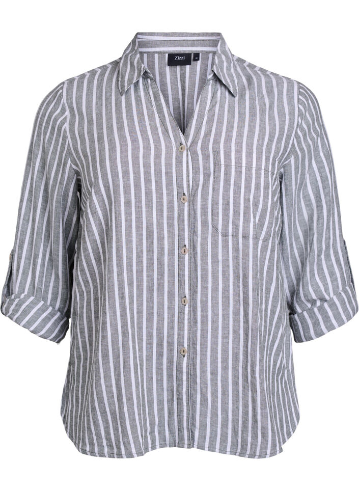 Linnen en viscose shirt met 3/4 mouwen, Groen, Packshot image number 0