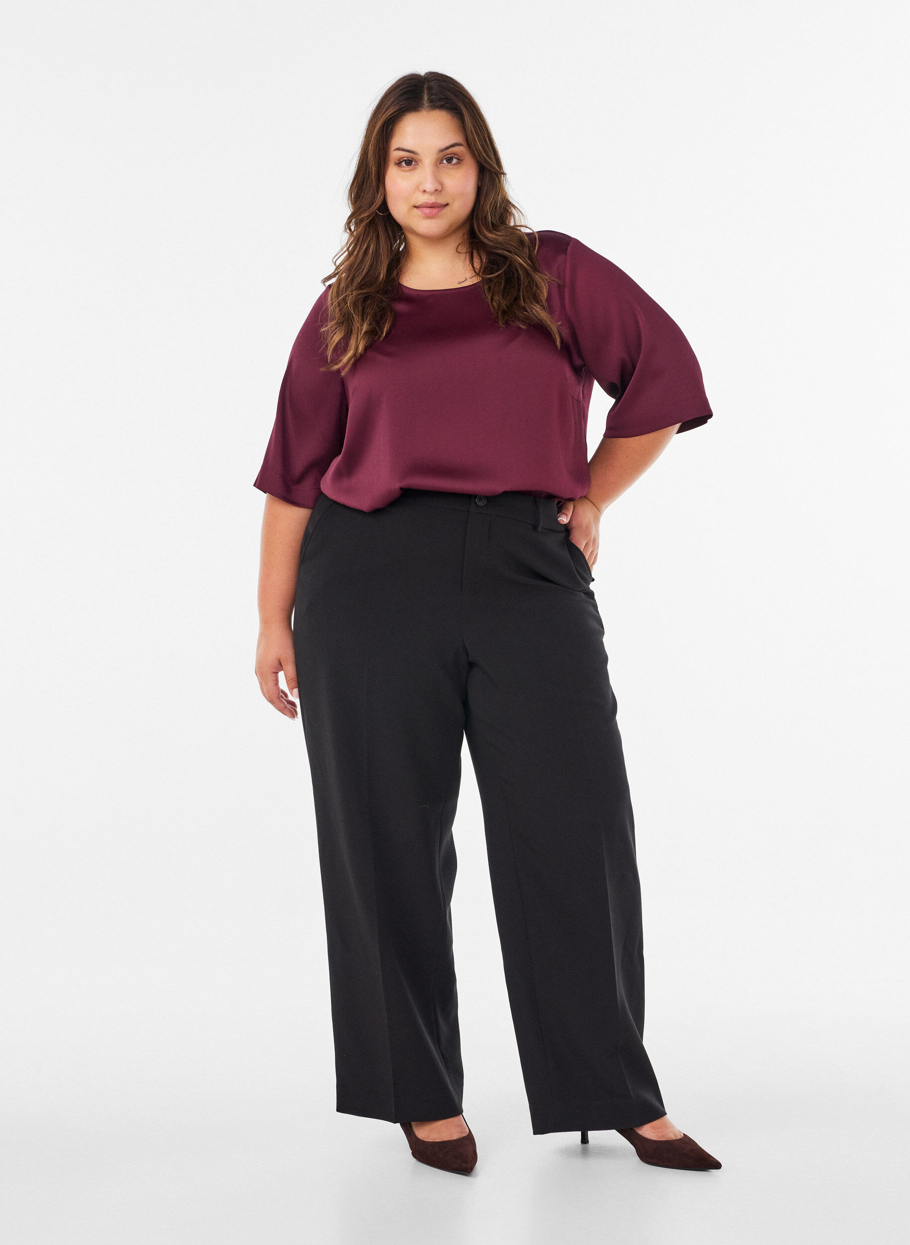 ZizziSatijnen blouse met ellebooglange mouwen, Rood, Model image number 1