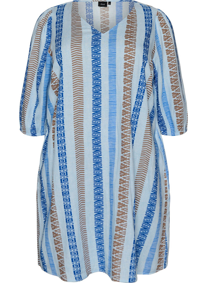 Korte jurk in linnen en viscose met 3/4 mouwen, Blauw, Packshot image number 0