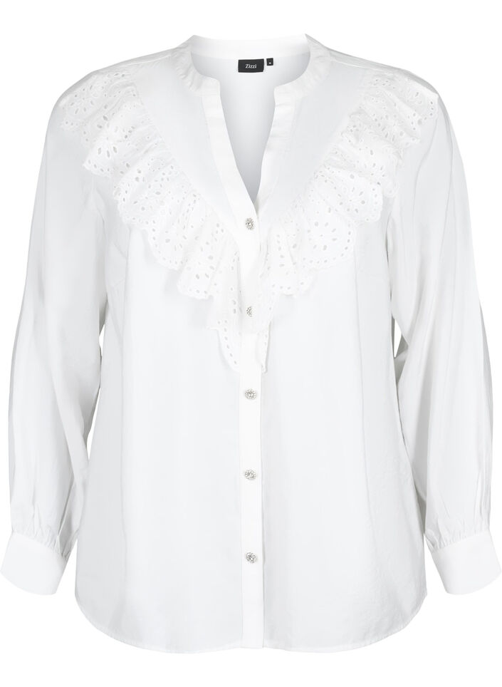 Viscose overhemdblouse met ruches, Bright White, Packshot image number 0
