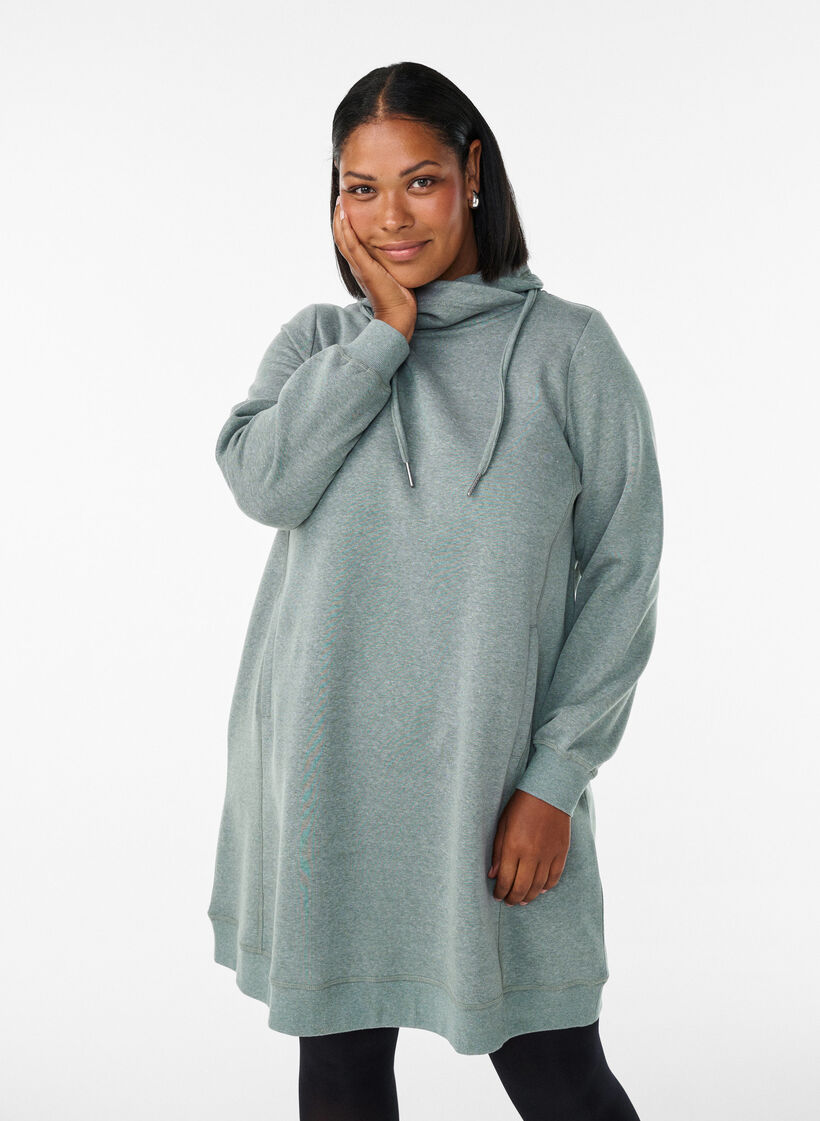 Kort sweatshirt jurk met hoge kraag en zakken, Groen, Model image number 0