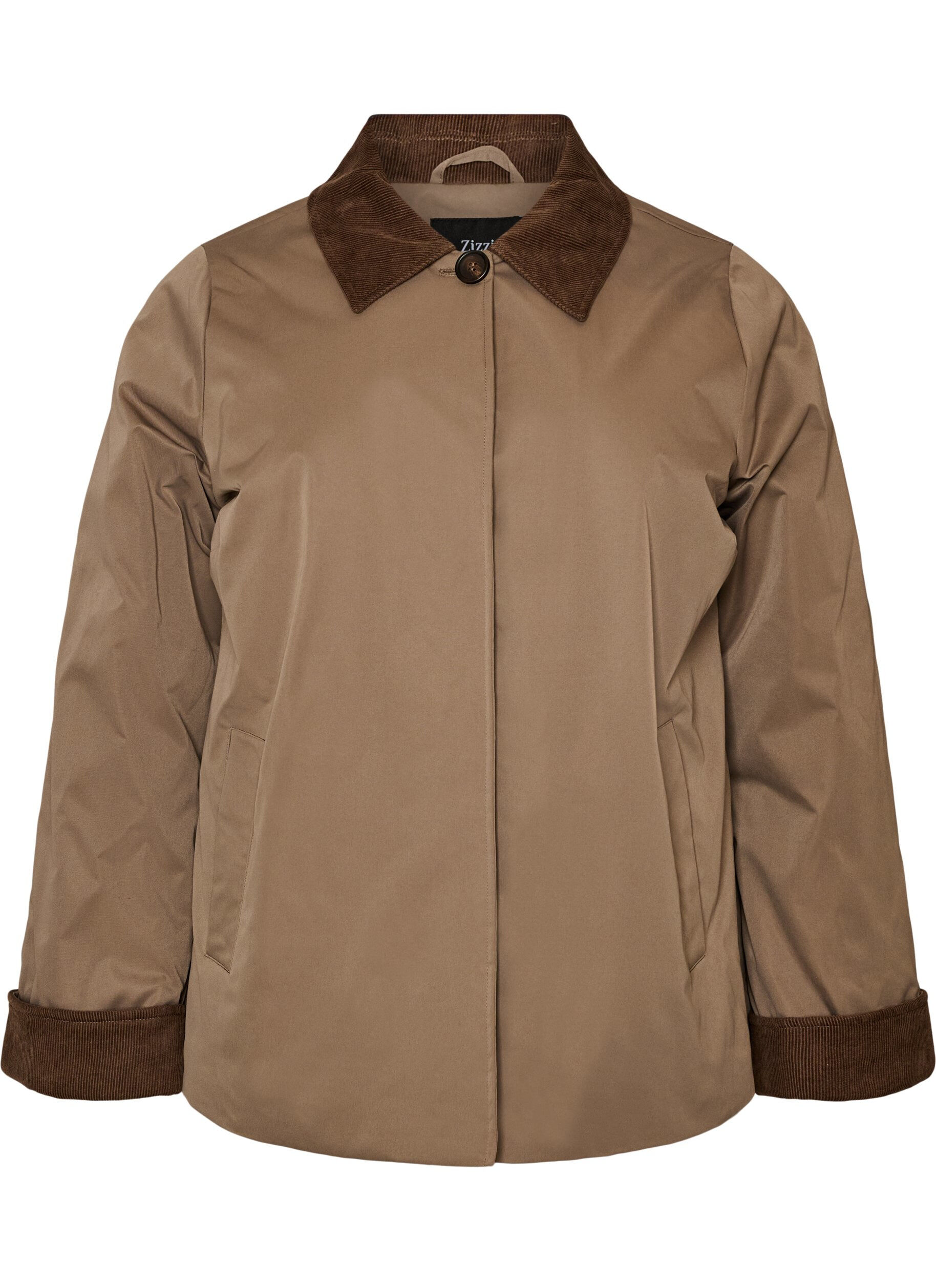 ZizziLicht gewatteerde jas met een corduroy kraag, Bruin, Packshot image number 0