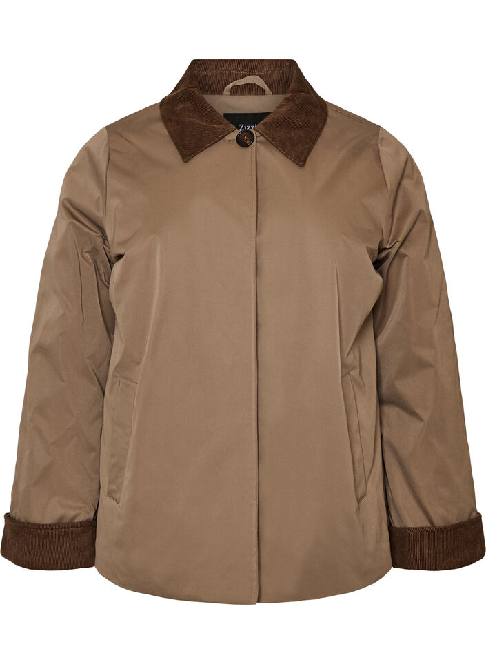 Licht gewatteerde jas met een corduroy kraag, Bruin, Packshot image number 0