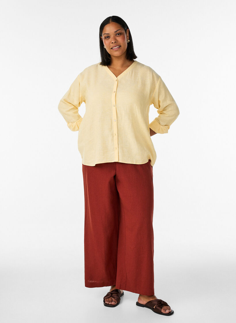 Wijde linnen en viscose broek, Rood, Model image number 0