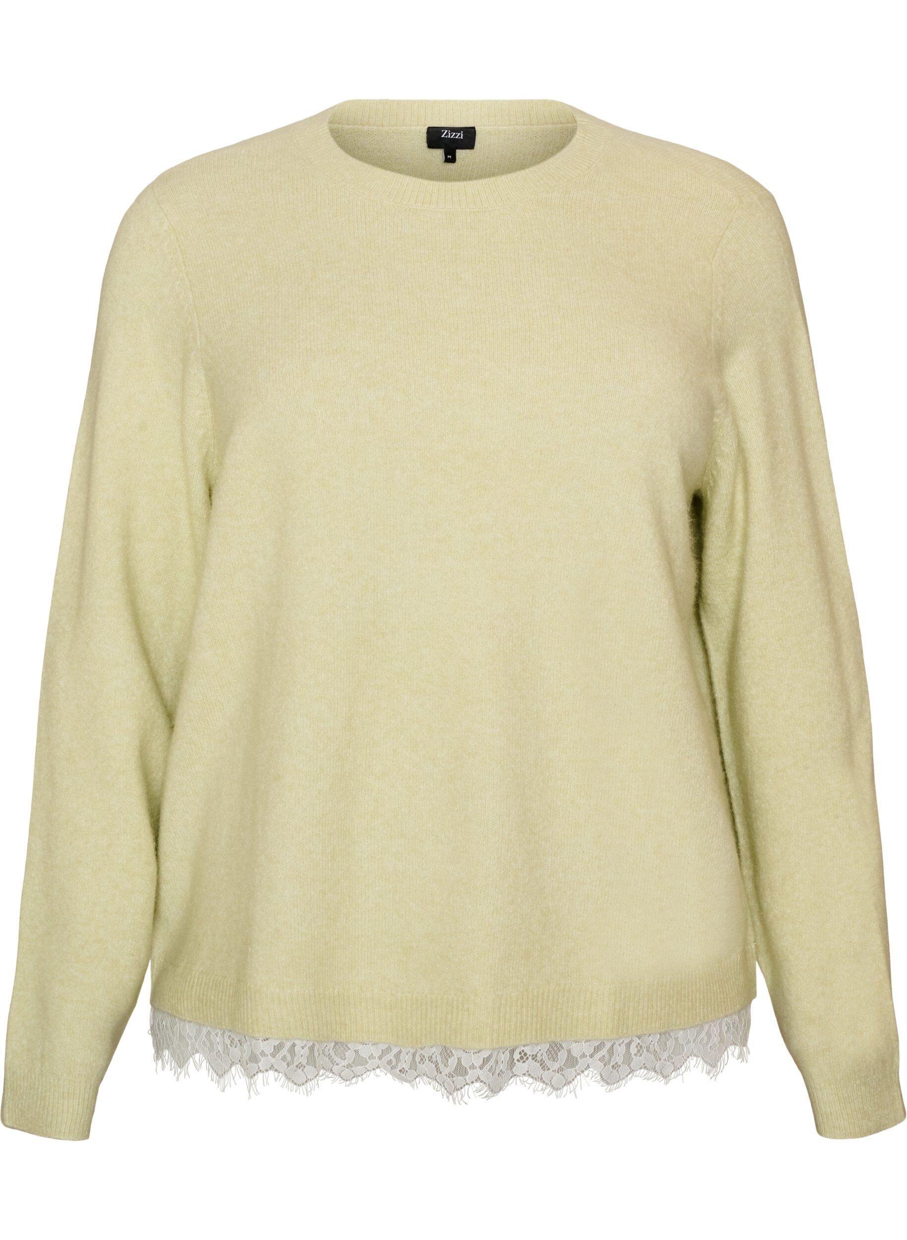 ZizziGebreide blouse met kanten rand aan de zoom, Groen, Packshot image number 0