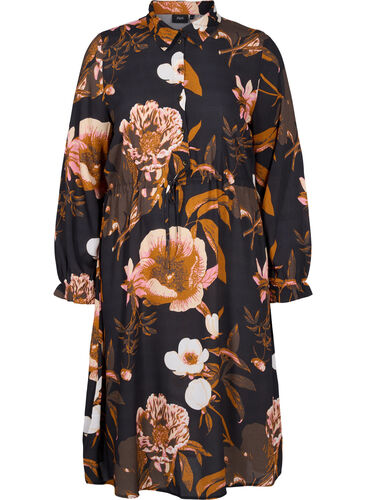 Gebloemde viscose jurk met kant, Black Flower AOP, Packshot image number 0