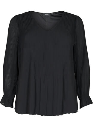 Geplooide blouse met v-hals, Black, Packshot image number 0