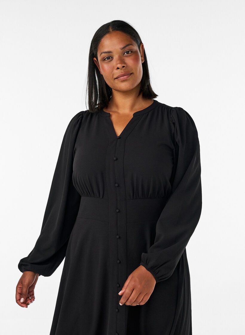 Midi-jurk met smock en decoratieve knopen, Zwart, Model image number 2
