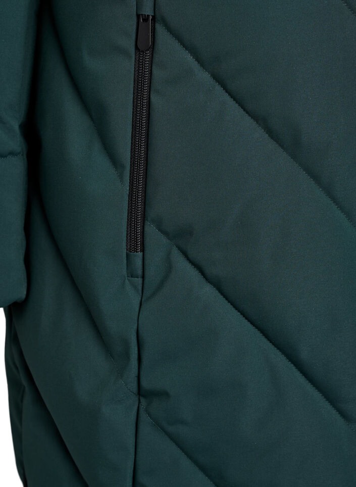 Lange winterjas met haaksluitingen en een nep bontkraag, Groen, Packshot image number 3