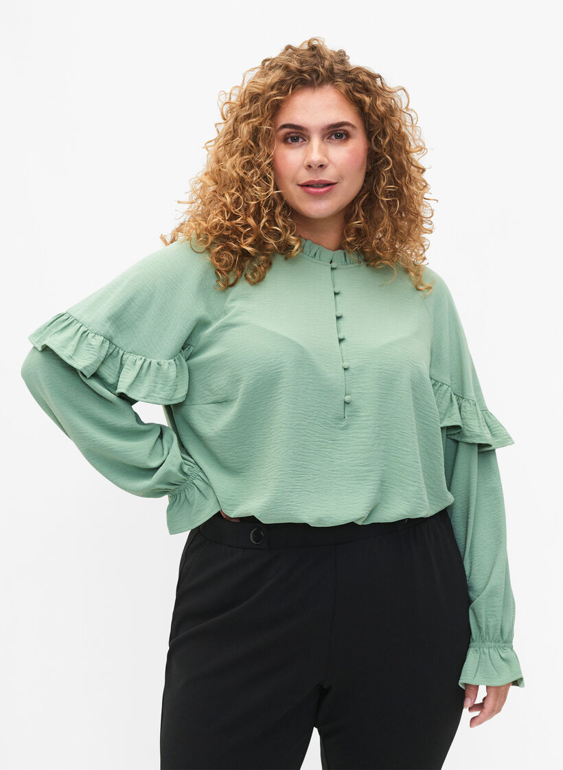 Blouse met ruches en knopen, Green Bay, Model image number 0
