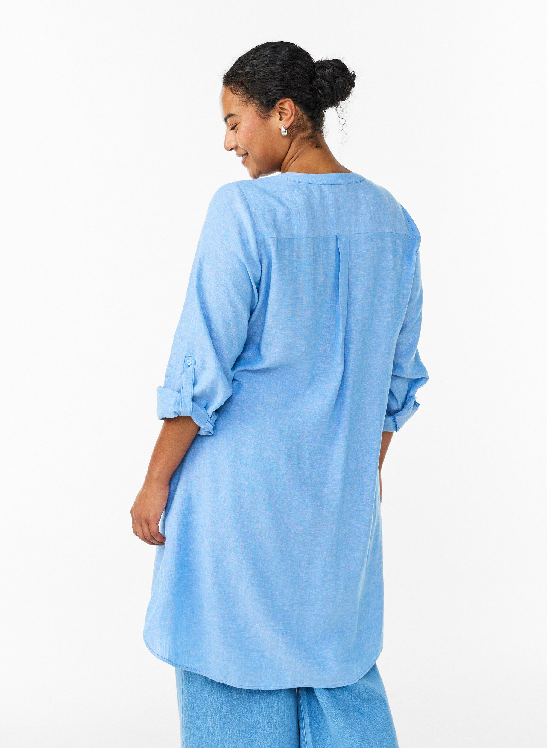 ZizziLang shirt in linnen en viscose, Blauw, Model image number 2