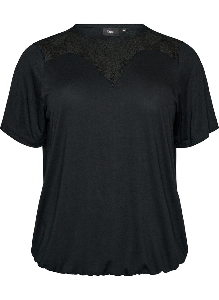 Blouse met kanten inzetstuk en ballonmouwen, Zwart, Packshot image number 0