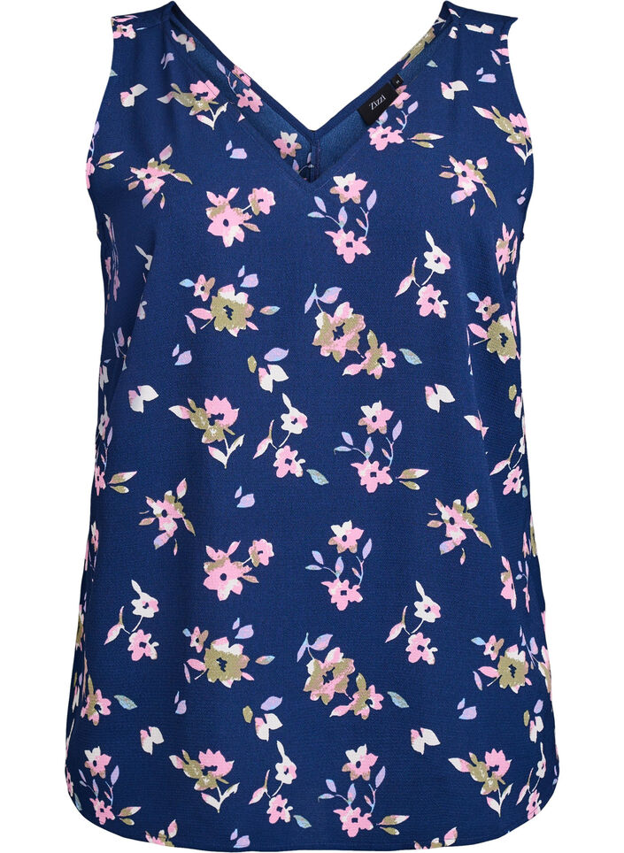 Top met print en V-hals, Blauw, Packshot image number 0