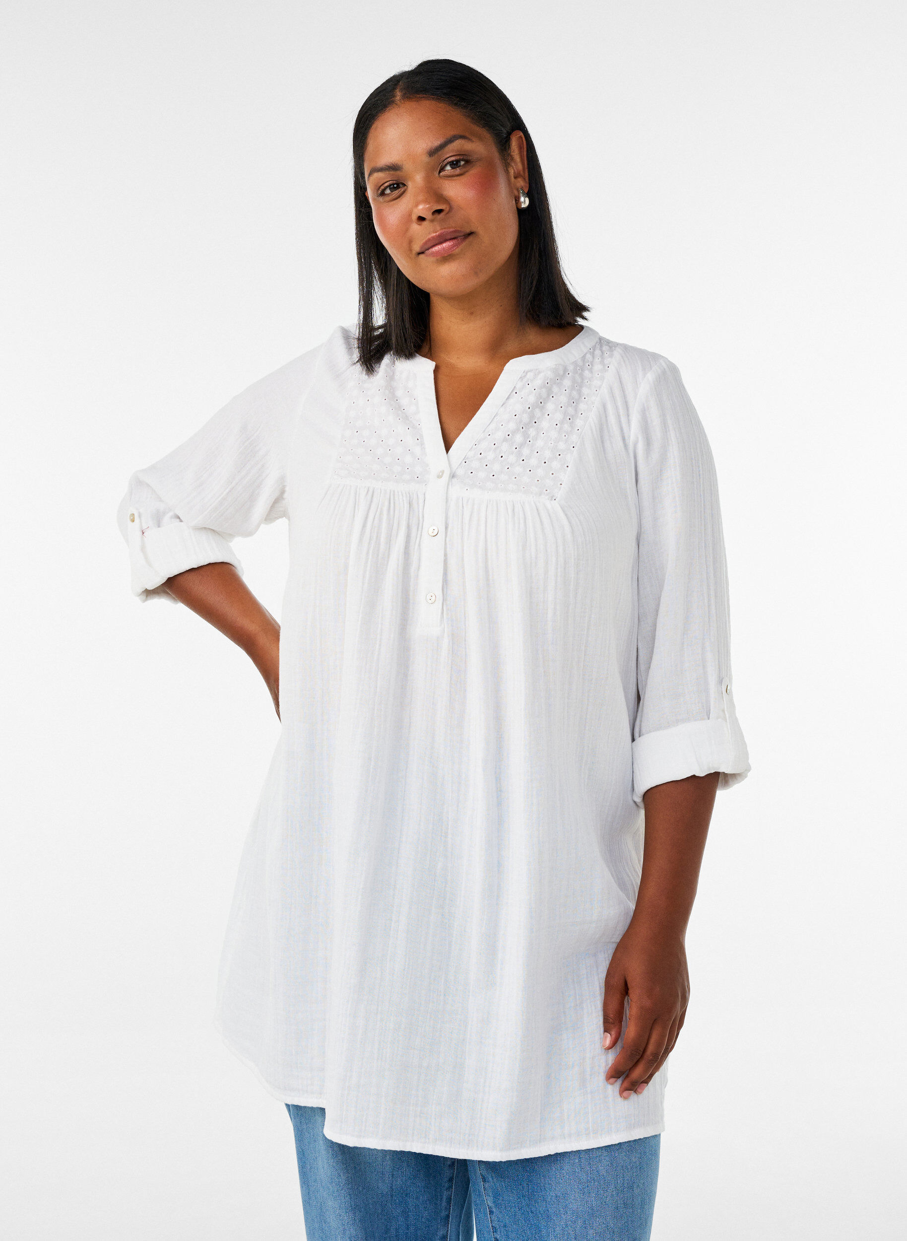 ZizziKatoenen mousseline tuniek met broderie anglaise, Wit, Model image number 0
