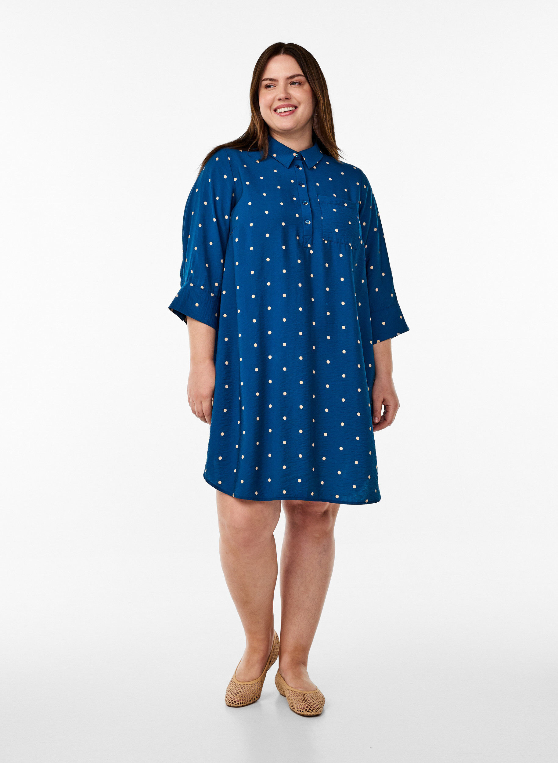 ZizziKorte jurk met kraag en borstzak, Blauw, Model image number 1
