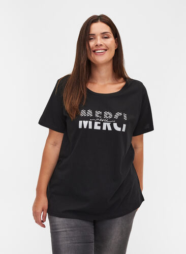 T-shirt met print van biologisch katoen, Black Merci, Model image number 0
