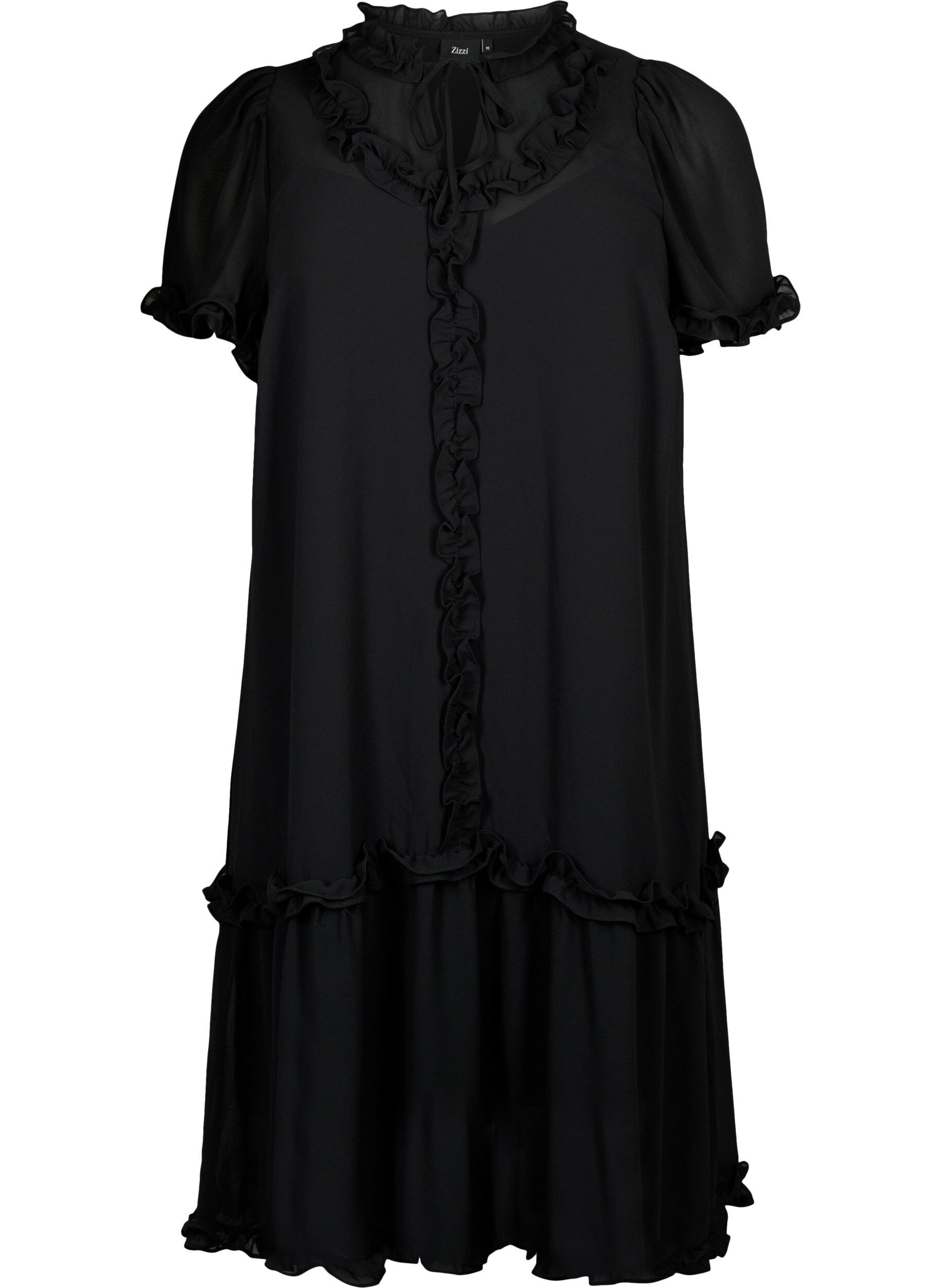 Zizzi Chiffon jurk met A-snit en ruches, Black, Packshot image number 0
