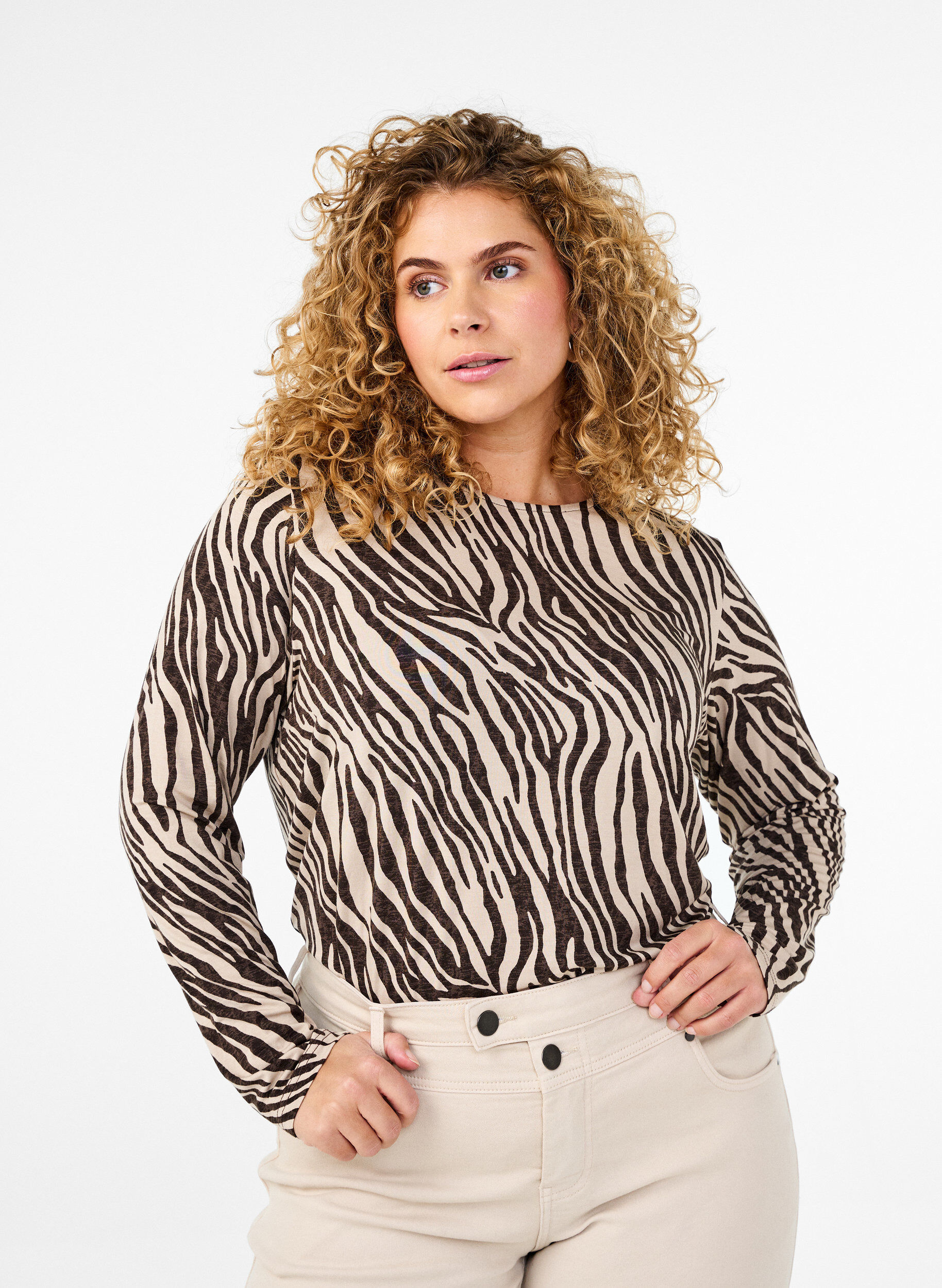 Blouse met lange mouwen en zebraprint, Bruin, Model