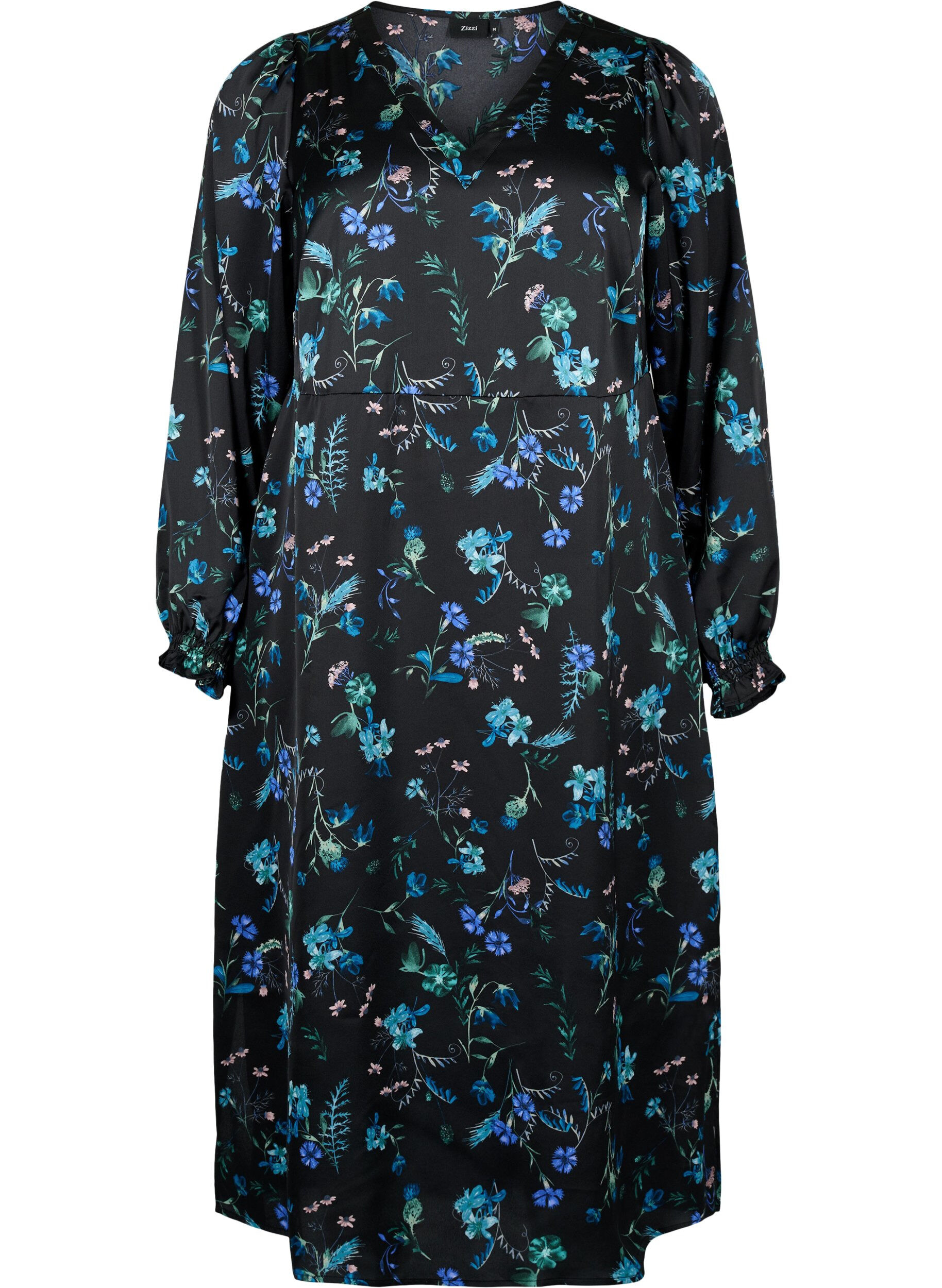 Zizzi Midi-jurk met lange mouwen en bloemenprint, Blue Flower AOP, Packshot image number 0