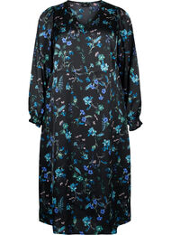 Midi-jurk met lange mouwen en bloemenprint, Blue Flower AOP