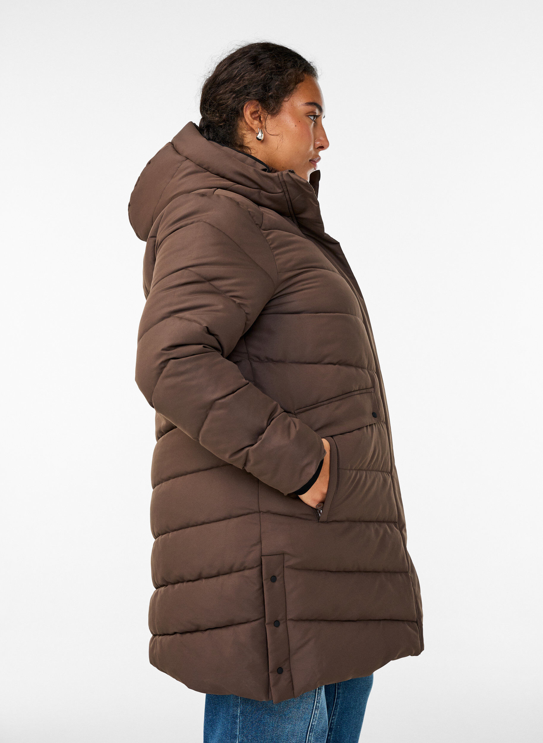 Zizzi Gewatteerde winterjas met capuchon, Bruin, Model image number 3