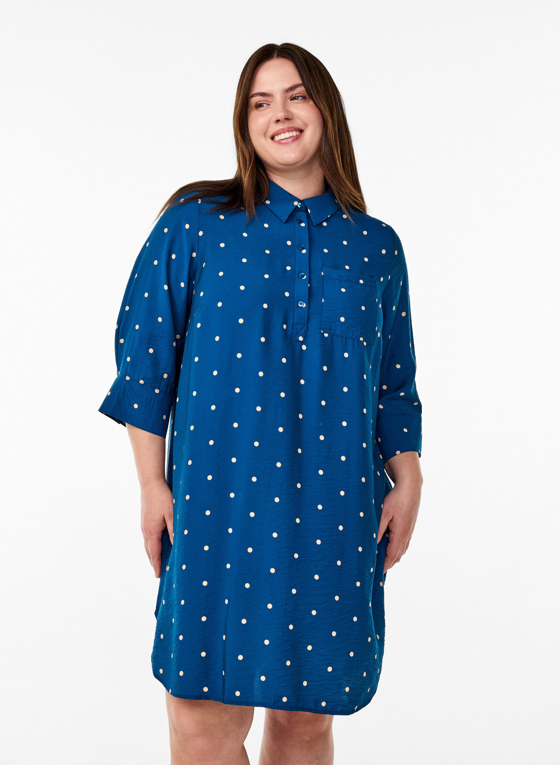 ZizziKorte jurk met kraag en borstzak, Blauw, Model image number 0