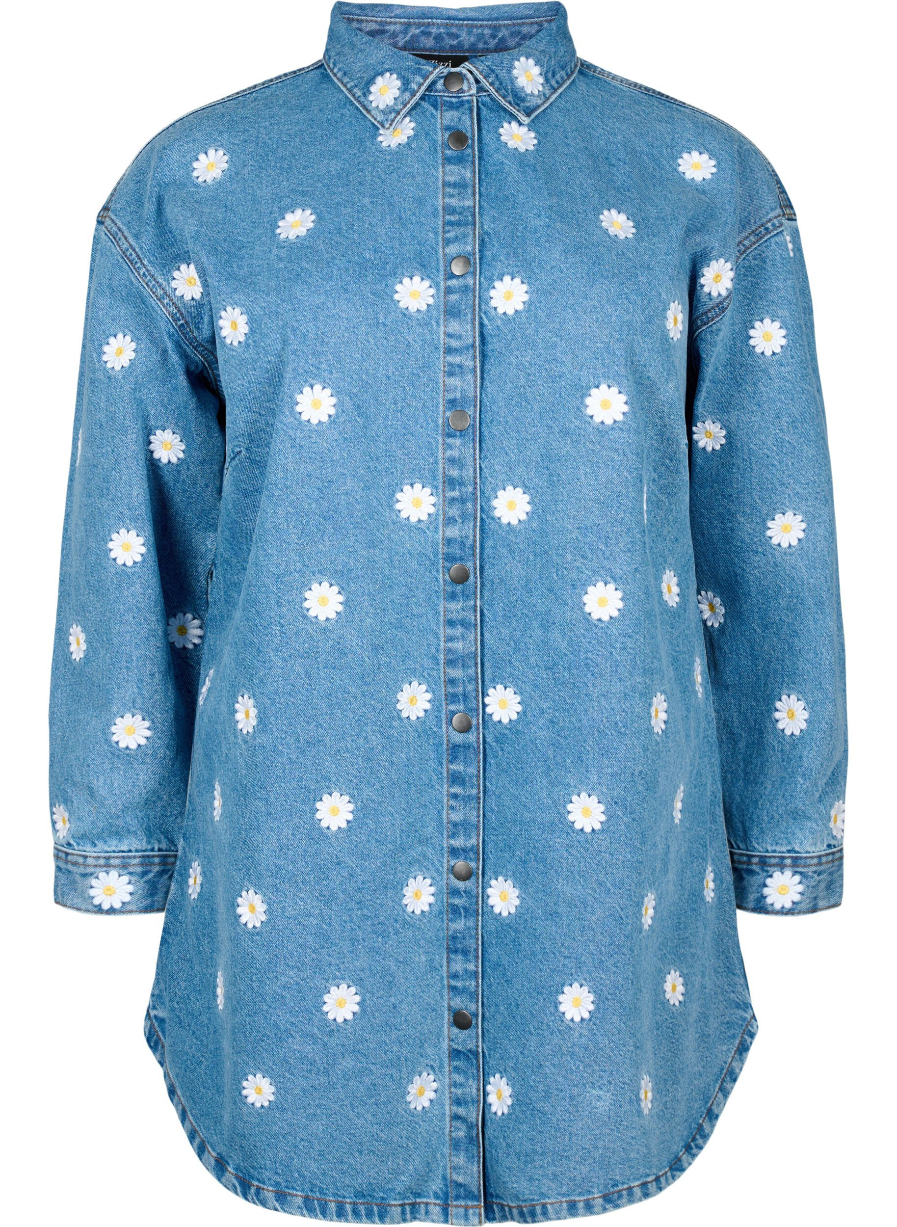 Zizzi Losse spijkerblouse met geborduurde madeliefjes, L.B. Flower, Packshot image number 0