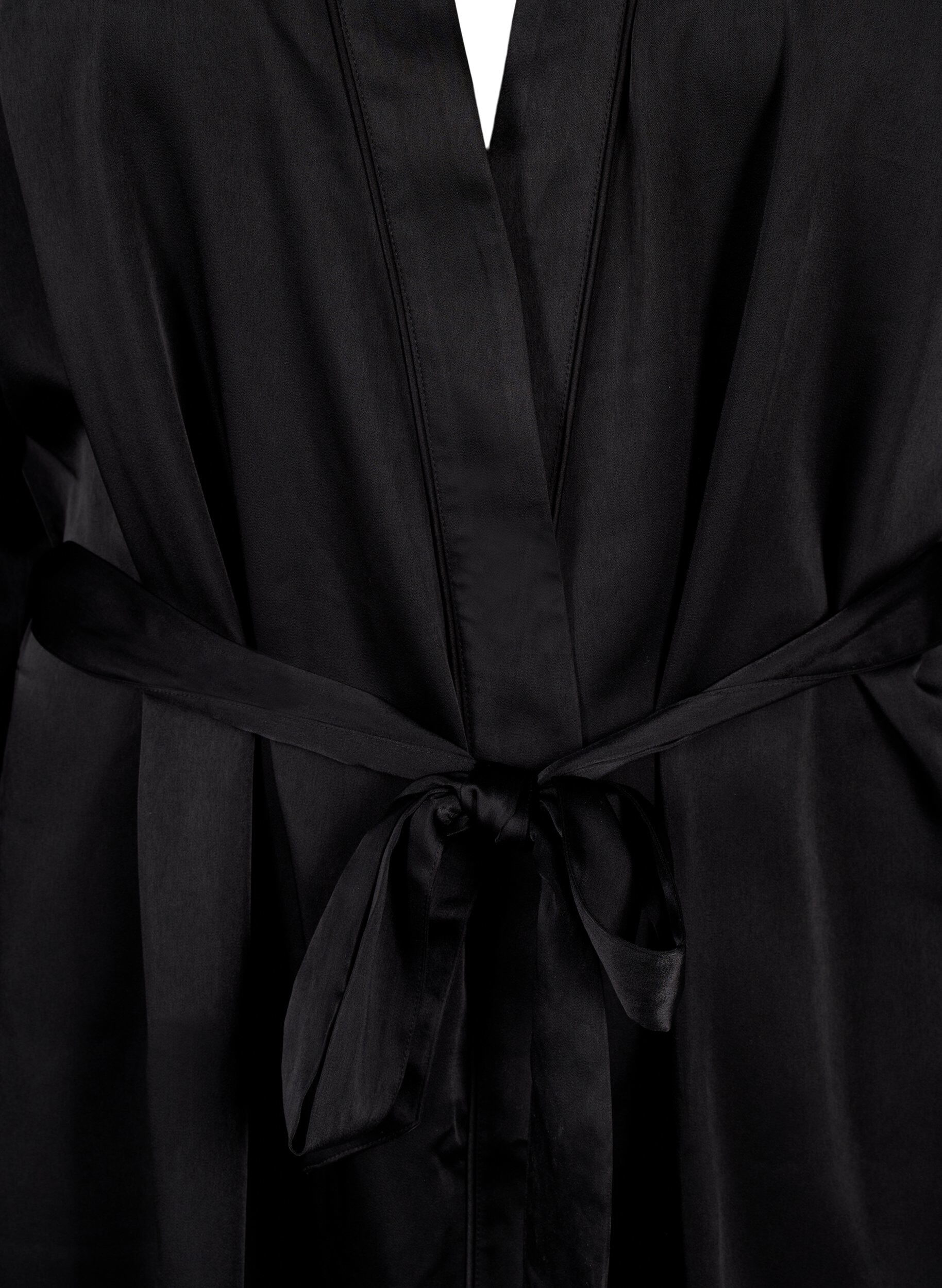Zizzi Satijnen kimono met riem, Black, Packshot image number 2