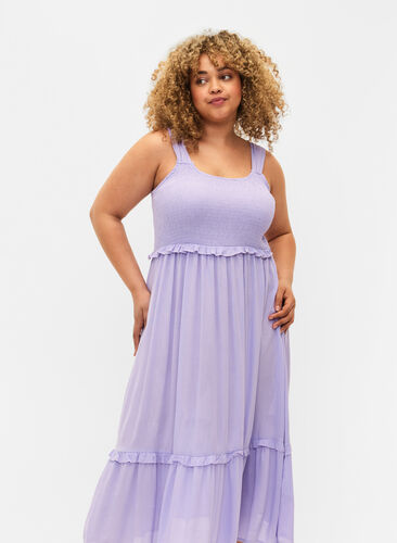 Viscose midi-jurk met smok, Lavender, Model image number 2