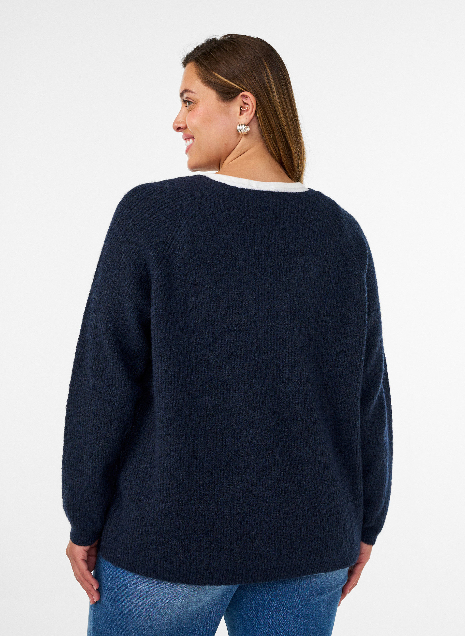 ZizziGebreide blouse met V-hals en raglanmouwen, Blauw, Model image number 2
