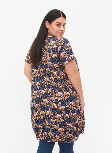 Katoenen jurk met korte mouwen en print, Blue Orange Flower, Model image number 1