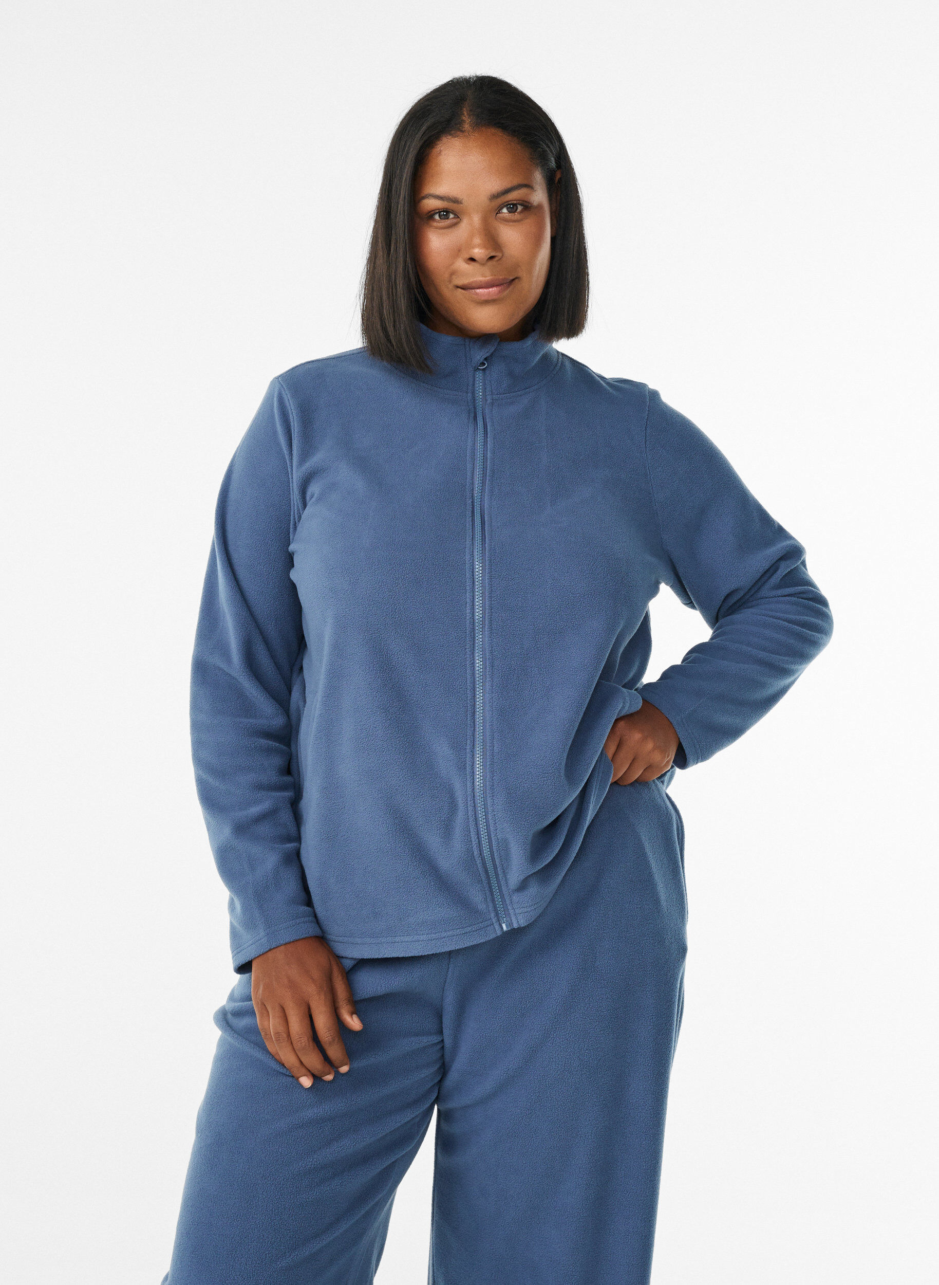 ZizziFleecetop met ritssluiting en hoge kraag, Blauw, Model image number 0