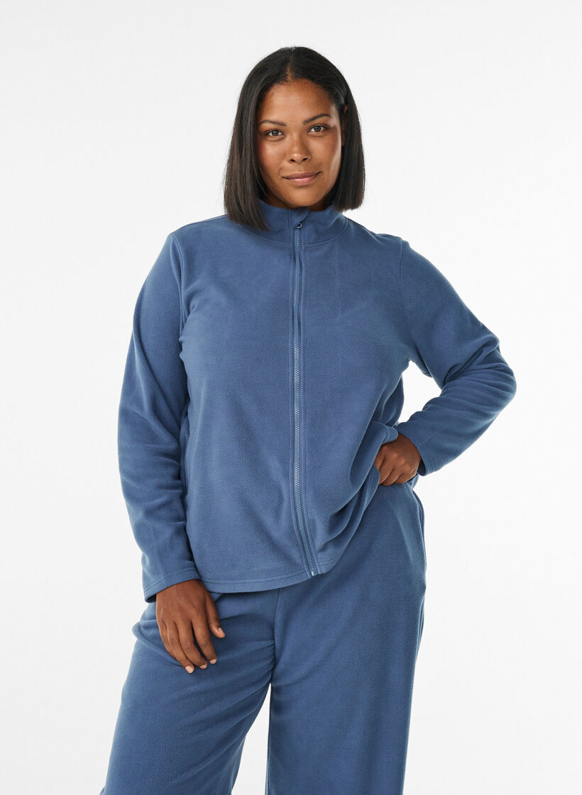 Fleecetop met ritssluiting en hoge kraag, Blauw, Model image number 0