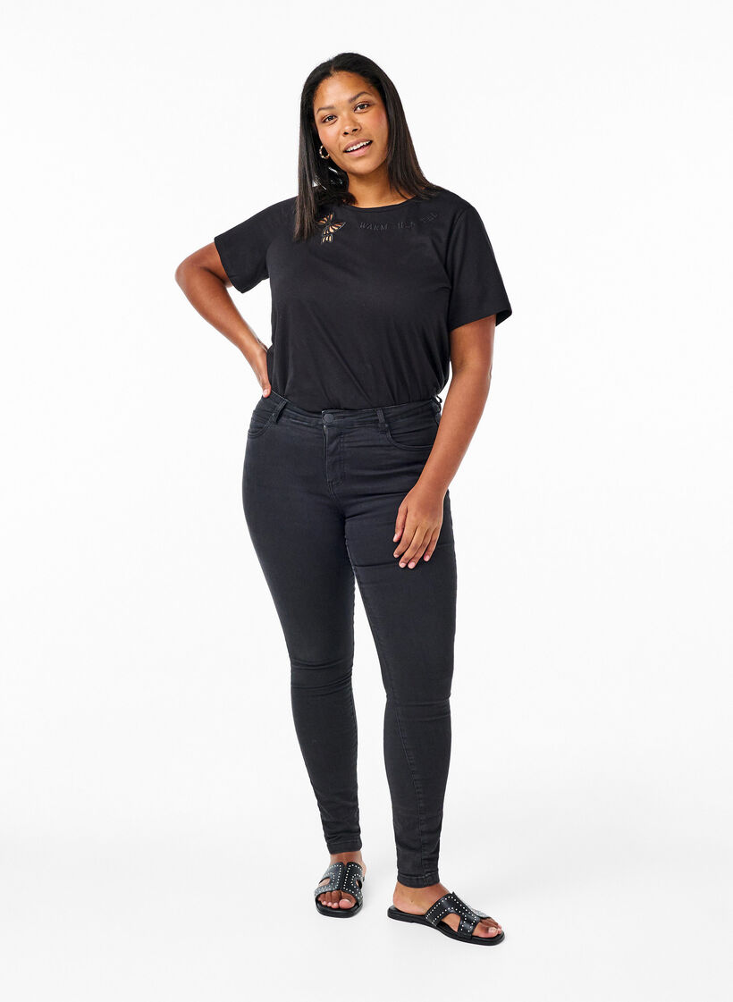 T-shirt van biologisch katoen met strikdetail, Black, Model image number 2