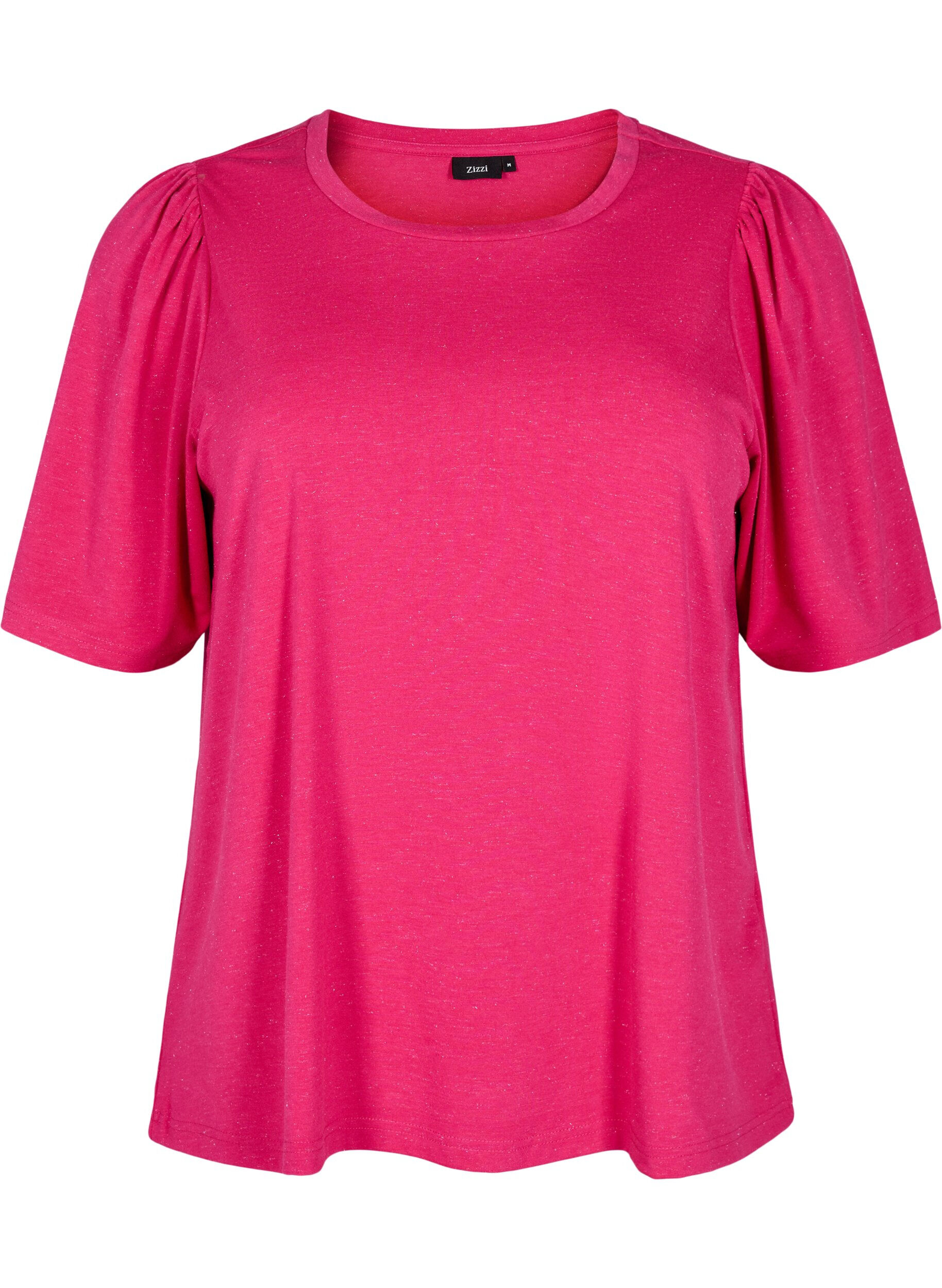 Zizzi T-shirt met glitter en korte puffmouwen, Roze, Packshot image number 0