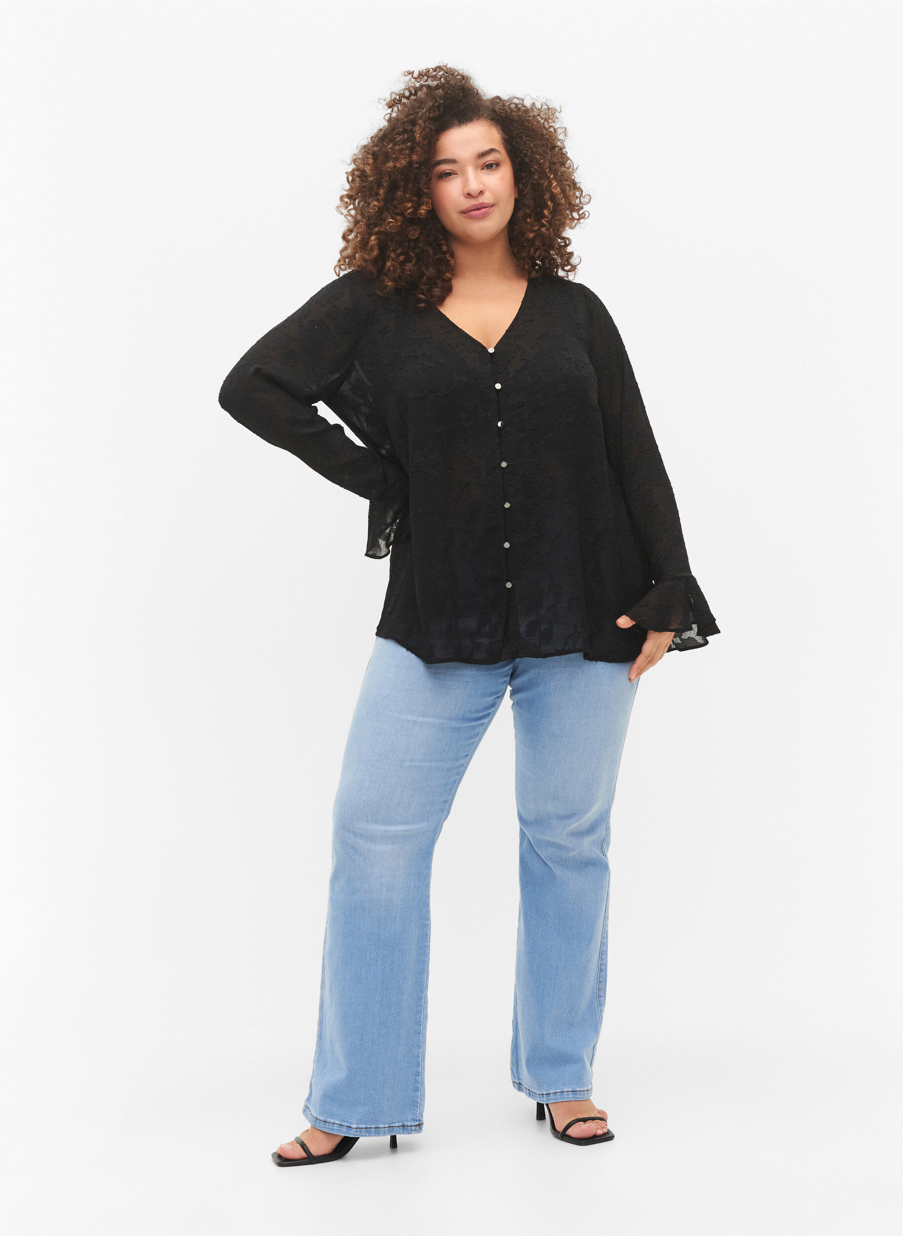 Zizzi Lange mouw shirt met jacquard look, Black, Model image number 2