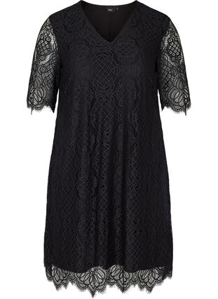 Kanten jurk met v-hals en korte mouwen, Black, Packshot image number 0