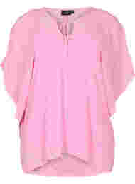 Bedrukte blouse met strikkoord en korte mouwen, Pink Ditzy Flower