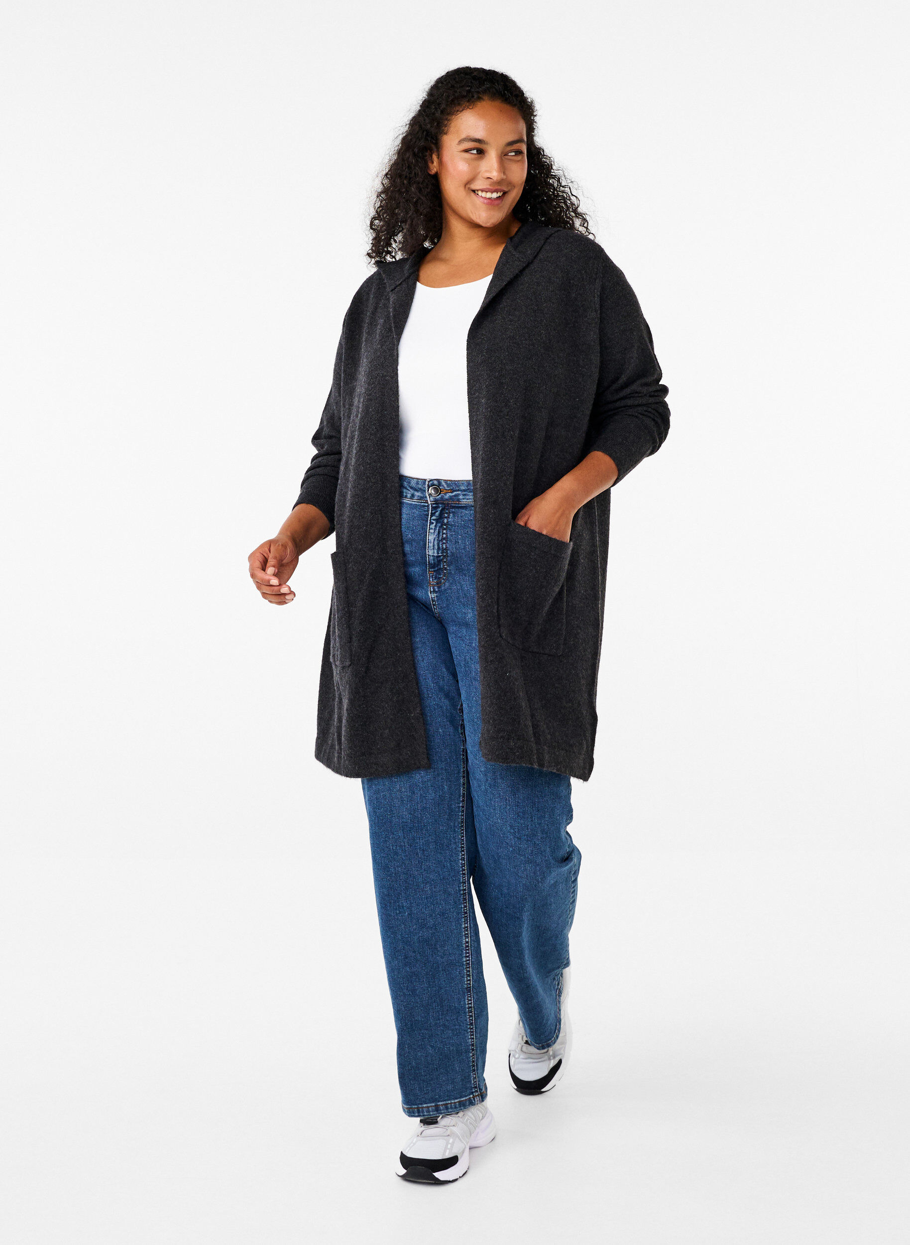 Zizzi Lang gebreid vest met wol en capuchon, Dark Grey Melange, Model image number 2