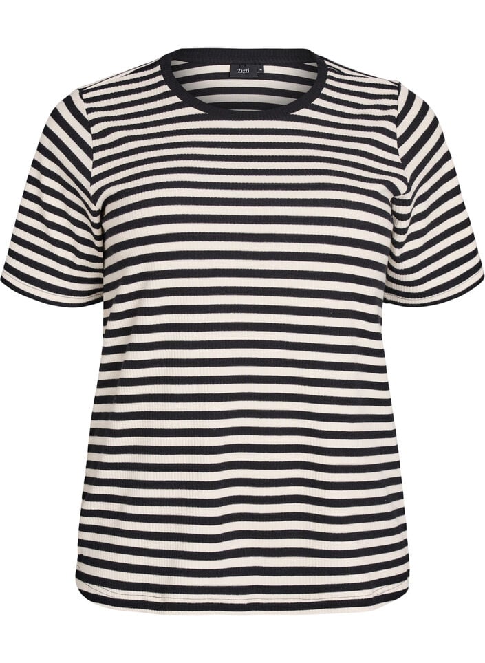 Gestreept T-shirt met geribbelde textuur, Zwart, Packshot image number 0