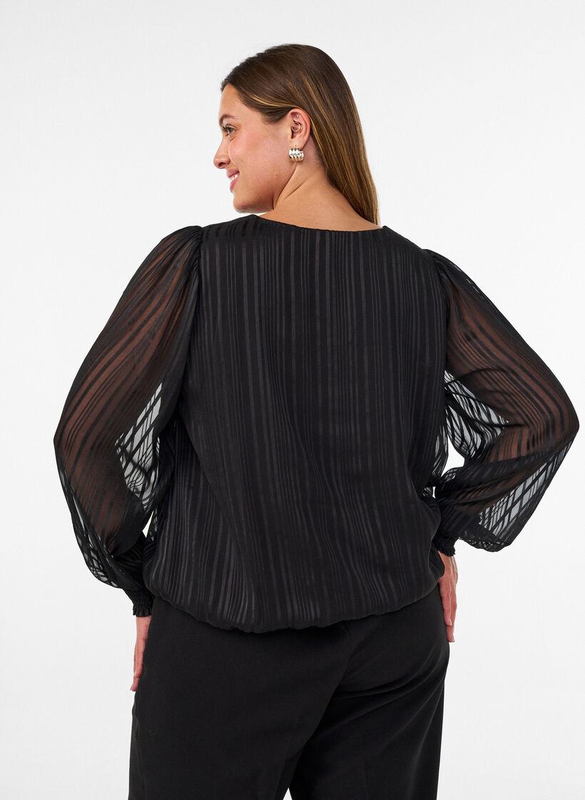 Gestreepte blouse met ballonvorm, Zwart, Model image number 2