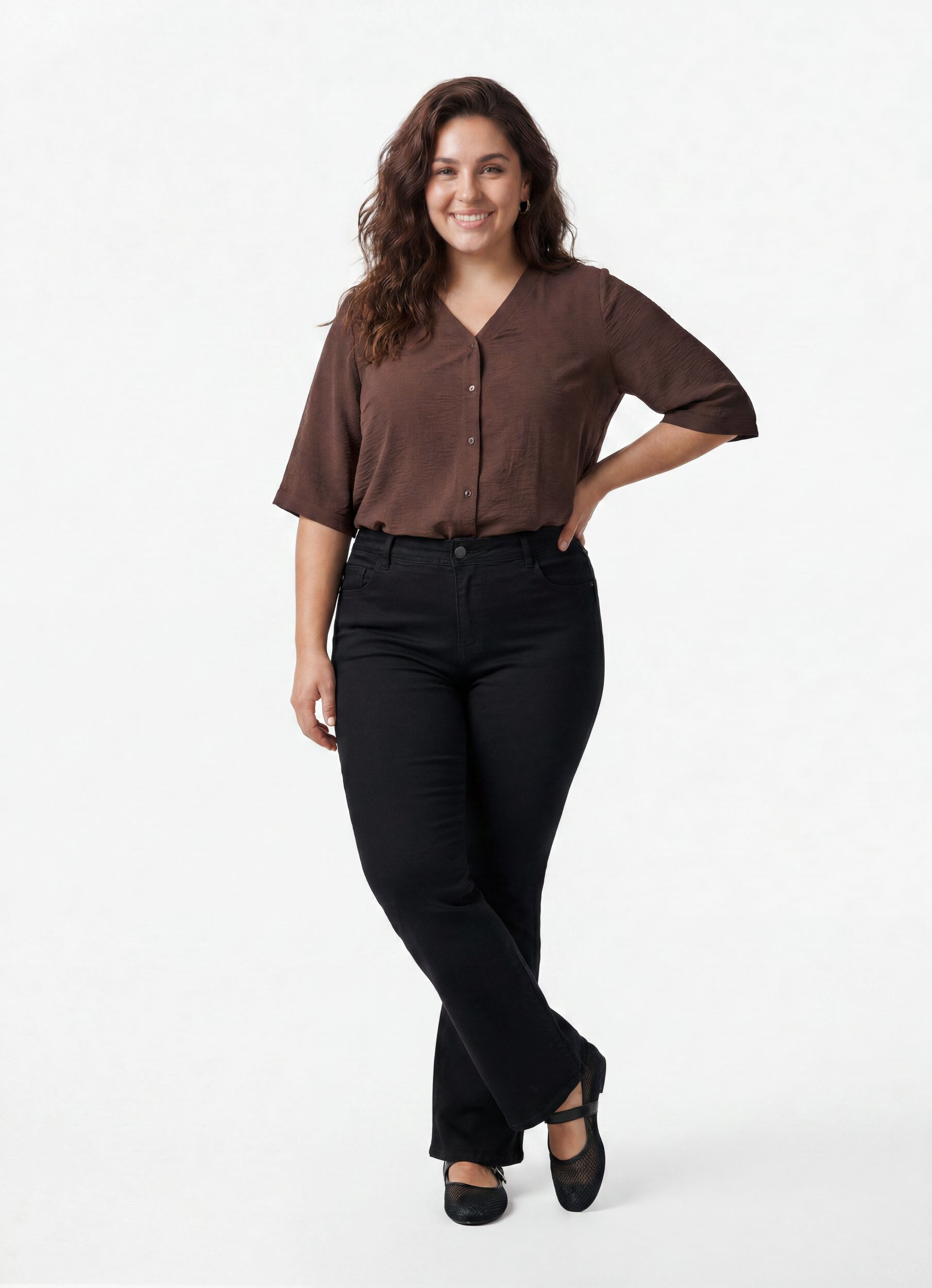 ZizziShirtblouse met V-hals en 3/4 mouwen, Bruin, Model image number 1
