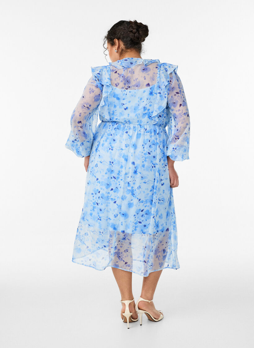 Chiffonjurk met bloemenprint, ruches en lange mouwen, Blauw, Model image number 1