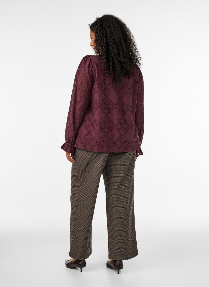 Broek met klein ruitpatroon en rechte pijpen, Bruin, Model image number 1