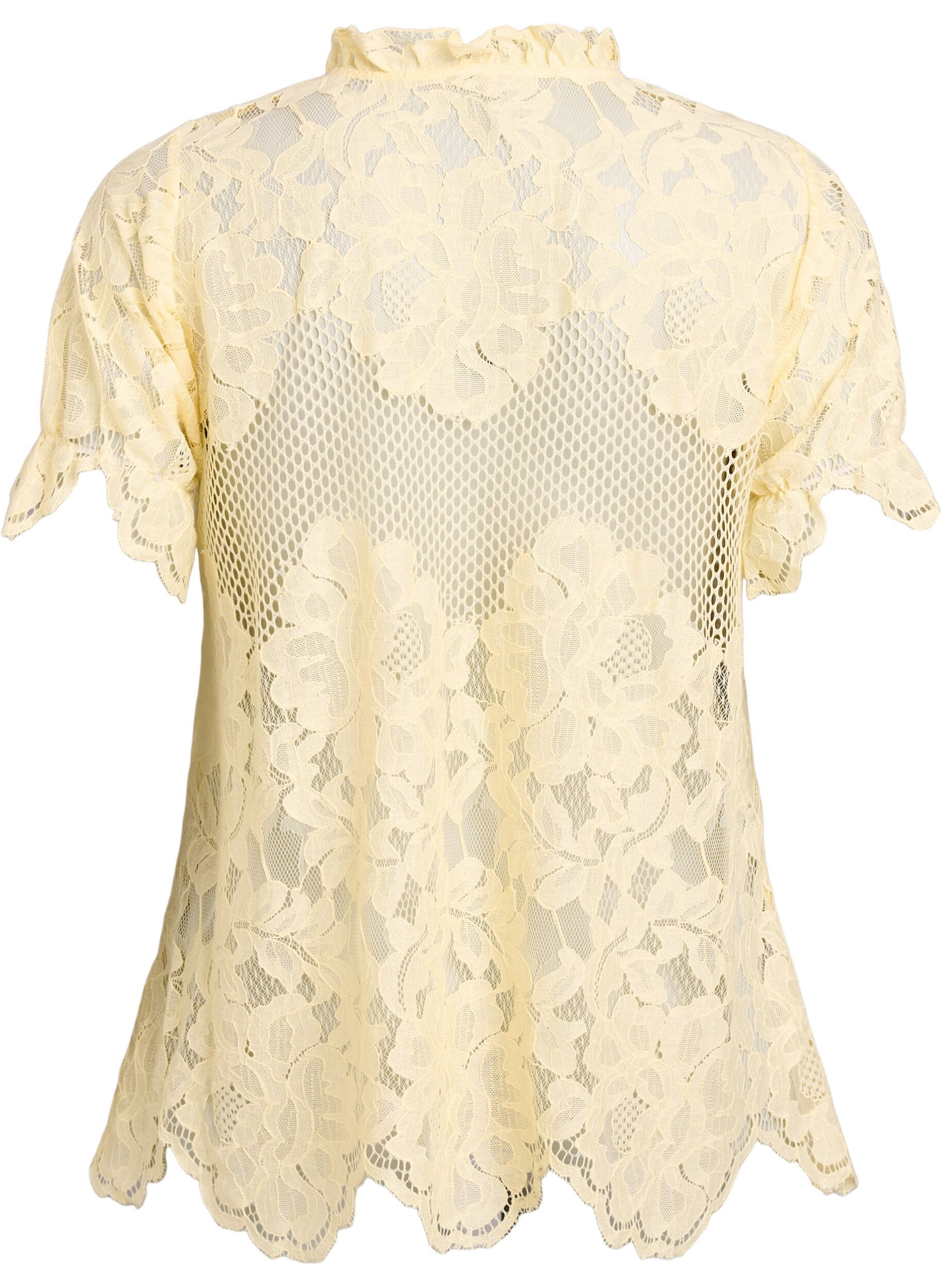 ZizziKanten blouse met ruchekraag en korte mouwen, Geel, Packshot image number 1