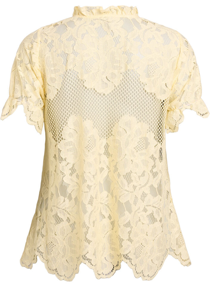 Kanten blouse met ruchekraag en korte mouwen, Geel, Packshot image number 1